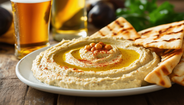 découvrez notre recette simple et délicieuse pour préparer un houmous onctueux, accompagné de pain pita grillé croustillant et rehaussé d'une bière légère. parfait pour un apéritif entre amis ou une soirée détendue, ce plat ravira vos papilles avec des saveurs méditerranéennes authentiques.