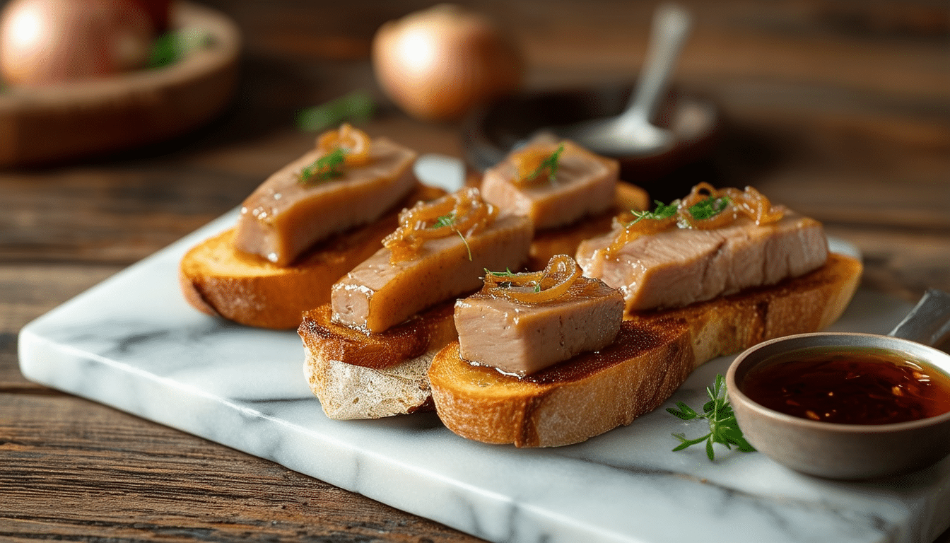 découvrez notre recette savoureuse de crostinis au foie gras et confiture d'oignons, un plat raffiné qui allie la douceur de l'oignon caramélisé à la richesse du foie gras. parfait pour vos apéritifs ou repas festifs, cette entrée raffinée séduira à coup sûr vos convives.