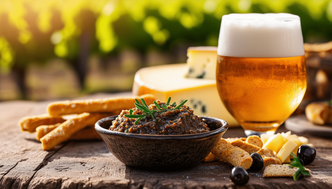 découvrez l'harmonie des saveurs avec nos gressins croustillants accompagnés d'une savoureuse tapenade d'olives. l'accord idéal pour sublimer votre dégustation de bière et en faire un moment gourmand inoubliable.