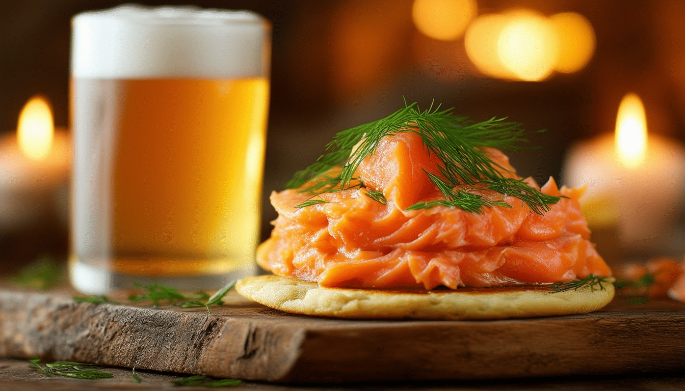 découvrez l'harmonie parfaite entre nos rillettes de saumon onctueuses et des blinis moelleux, le tout sublimé par une bière blanche rafraîchissante. une expérience gustative à ne pas manquer pour vos apéritifs!