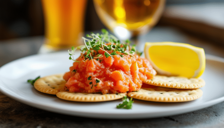 découvrez l'harmonie savoureuse du tartare de saumon servi sur des crackers croustillants, un accompagnement idéal pour une bière légère. une expérience gustative inoubliable à partager entre amis.